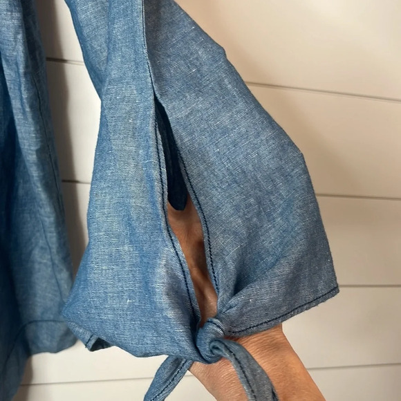 Free People off shoulder linen blend blue chambray top. Size Small. - Picture 7 of 9